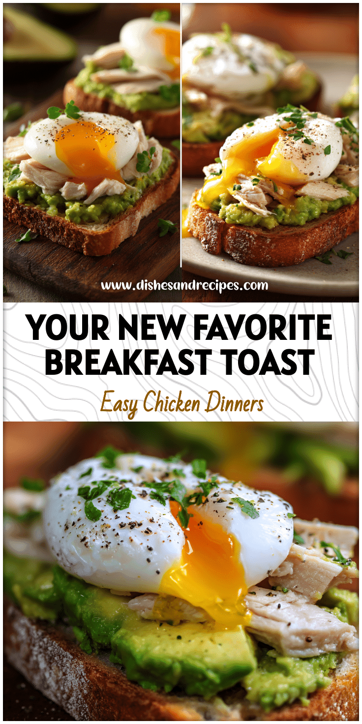 Close-up of avocado toast topped with poached egg and sliced chicken, a fresh Egg And Avocado Breakfast plate.